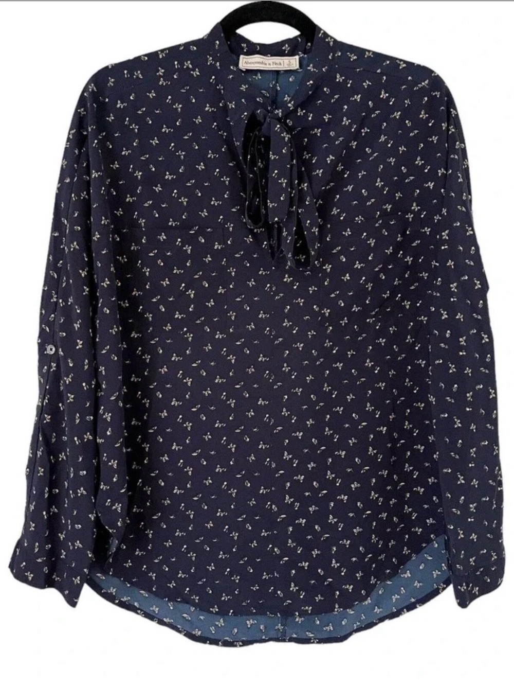 Abercrombie & Fitch Navy Blouse Pssy Bow with Yellow Butterfly Print